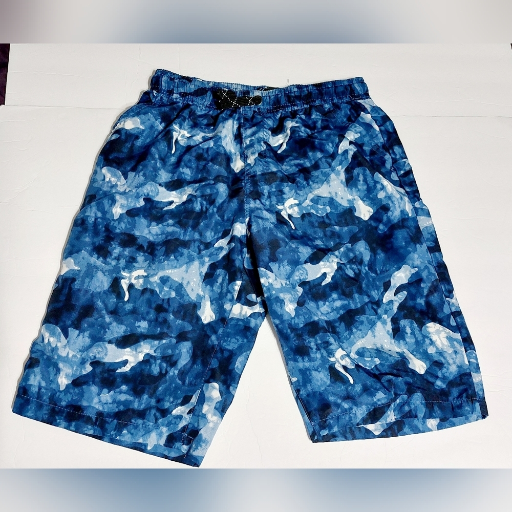 Blue, Black, and White Camo Design Street Rules Quick Dry‎ Shorts Boys Size L 12